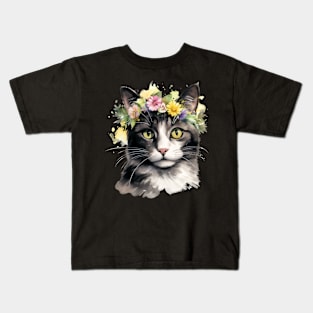 Domestic Shorthair Cat Flowers Water Color Cat Mom Mother's Day Gift Kids T-Shirt